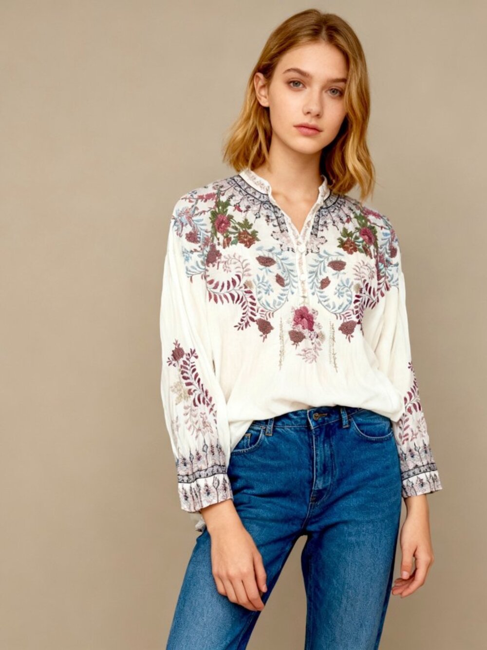 NWOT JOHNNY WAS Embroidered Floral Long Sleeve Bohemia SHIRT Blouse Sz S